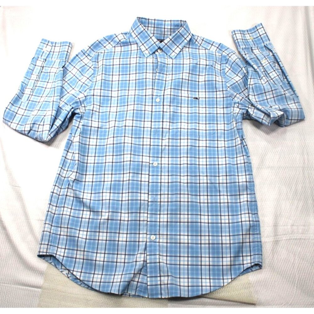 Vineyard Vines Mens‎ Classic Fit Tucker Shirt M Blue Plaid Performance 91% Nylon